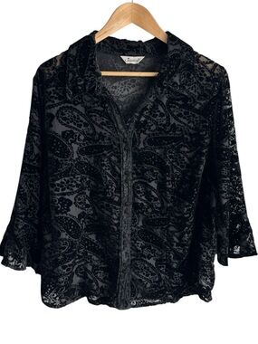 Vintage 90s Witchy Velvet Burnout Button Front Shirt 1X Black Sheer Paisley Goth